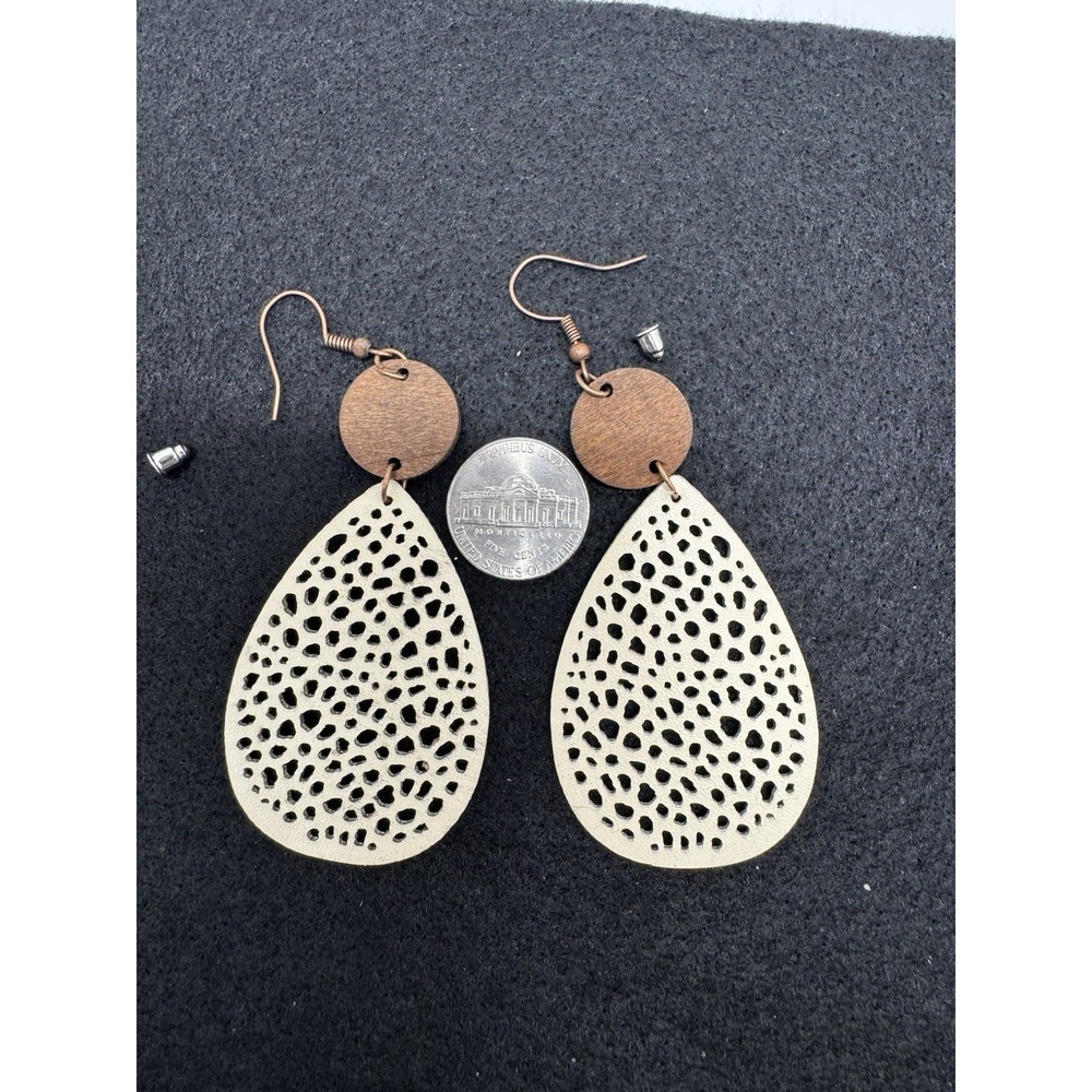 Boho Wooden Teardrop Dangle Earrings Cream Brown Cutout New